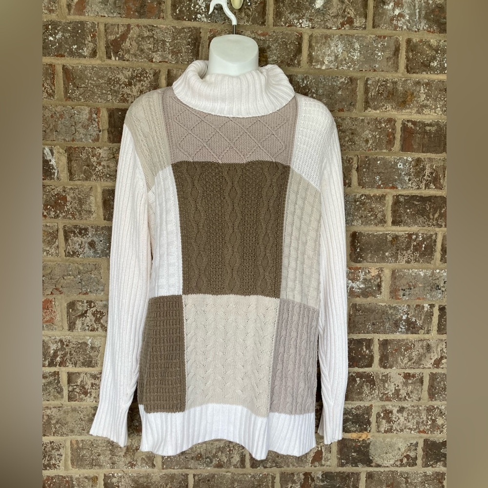 LIZ CLAIBORNE MIXED KNIT BLOCK PATTERN TURTLENECK SWEATER CREAM TAN SIZE 2X Vtg